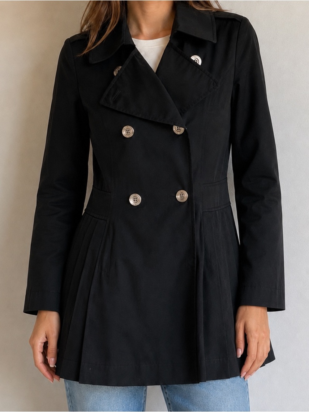 Via Spiga Trench Coat XS Black Double Breasted Belted Back Silver Button Details